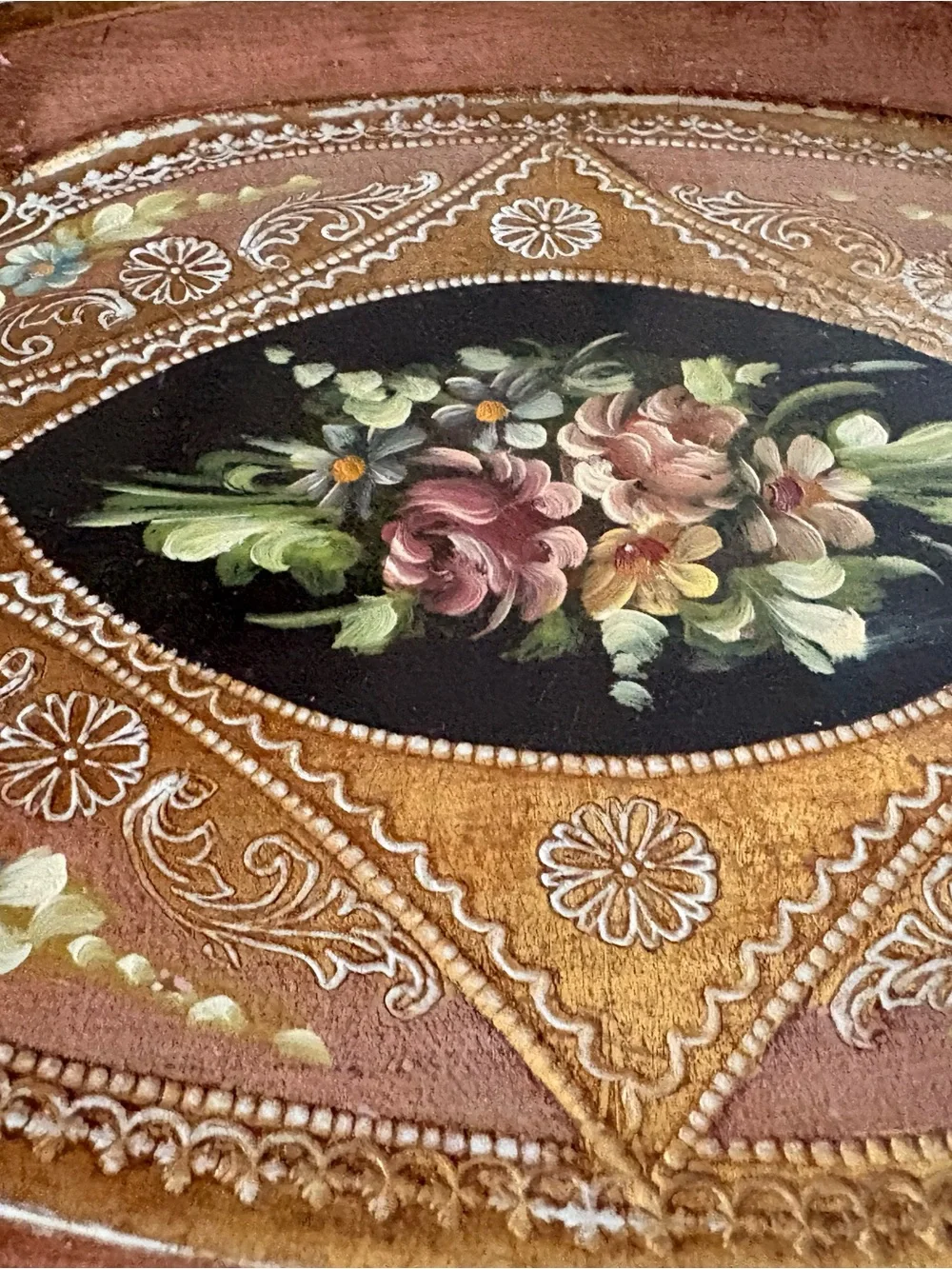 Vintage Florentine Hand Painred Decorative Floral Hand-Painted Oval Tray